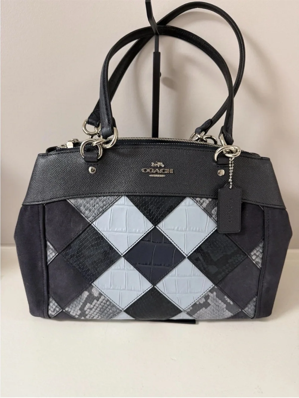 NWOT! Coach Patchwork Leather & Suede Satchel - Black and Light Gray, Blue